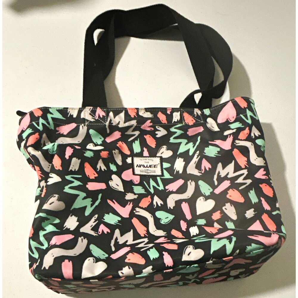 HAWEE Waterproof Heart Print Tote Bag, Zip Top, Outer Pocket, Double Handles